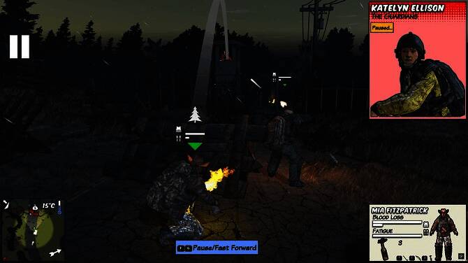 夜晚降临，篝火照亮主角脸庞，周围潜伏着未知危险