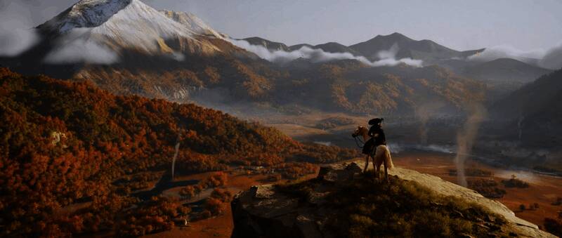 《羊蹄山之魂》最新游戏画面，女主角手持武器，身后有狼相伴