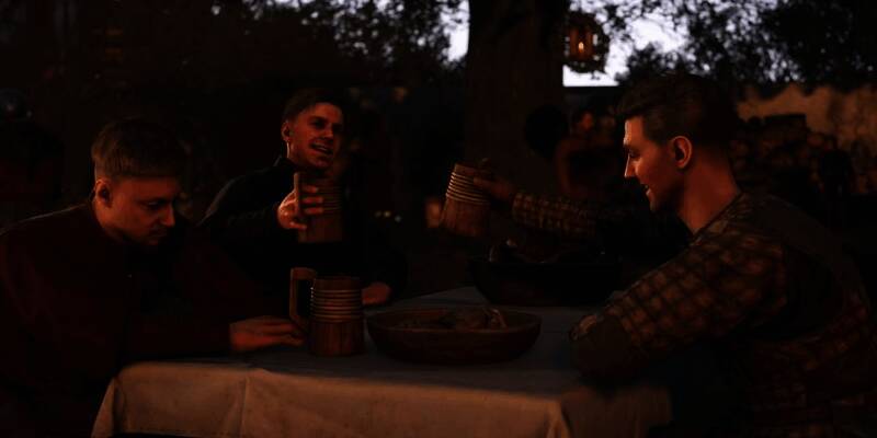 《天国：拯救2》宣传图，角色身穿中世纪盔甲，手持武器，背景为古战场