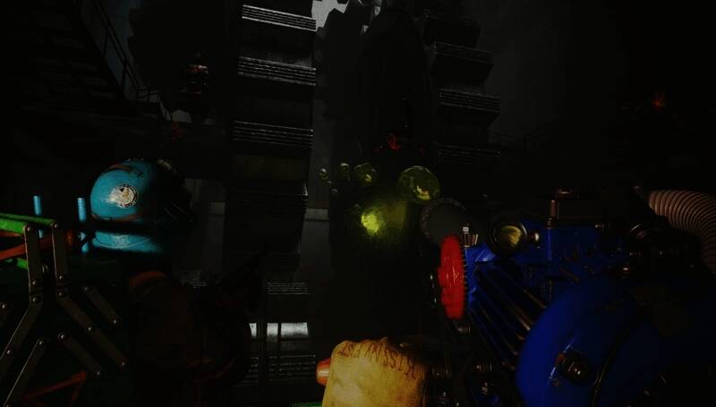 游戏实机画面展示两名角色在昏暗走廊中持枪对敌，场景细节丰富