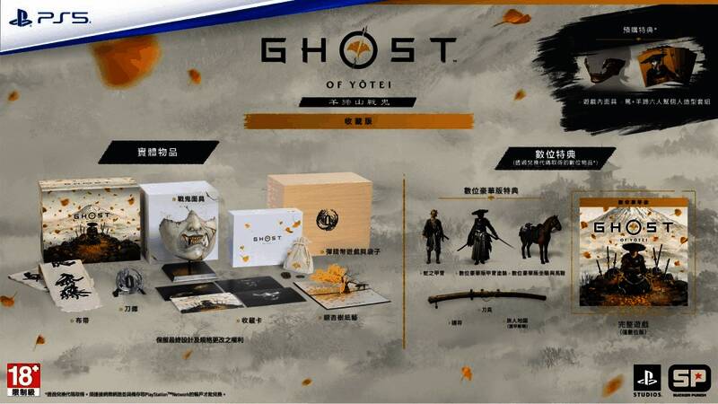 羊蹄山之魂收藏版实物展示，包含面具、布带、刀镡等多种周边