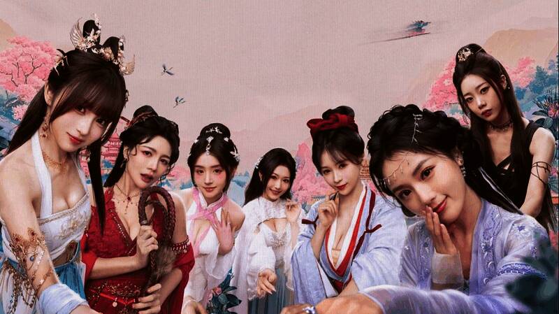 游戏宣传图，主角与多位女性角色同框，背景为仙气缭绕的宗门场景