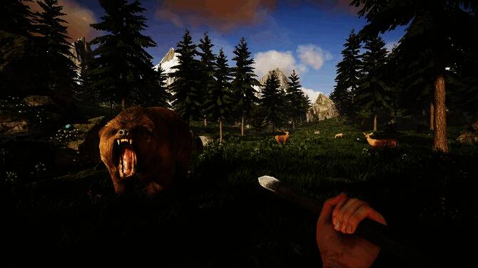 玩家角色在森林中砍伐树木，周围环境写实感十足