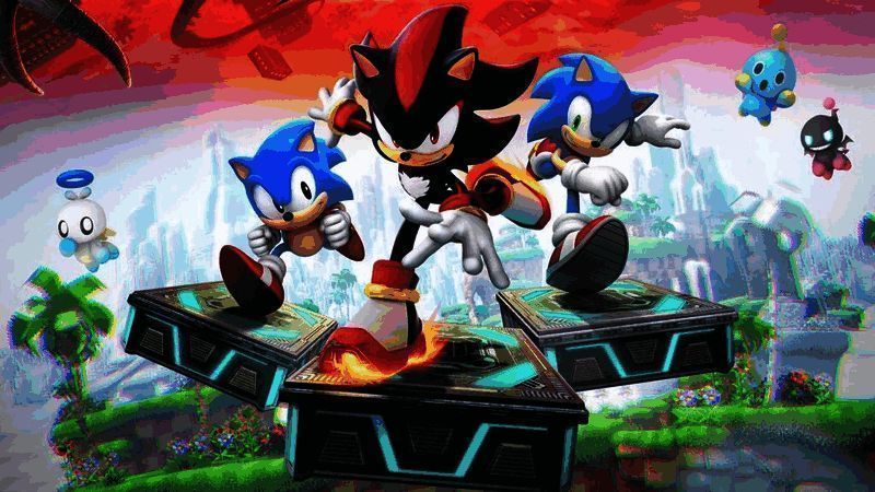 《索尼克×夏特：世代重启》游戏封面及角色形象展示，索尼克与暗影并肩而立，背景呈现未来都市风格