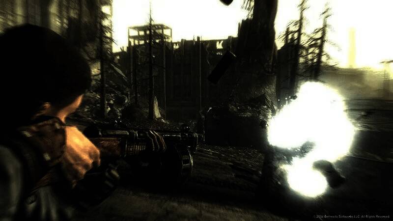 《辐射3》标志性场景，荒凉废土与核弹标志清晰可见