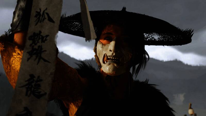 阿津身披战甲，手持武士刀，背景是壮丽的蝦夷山脉