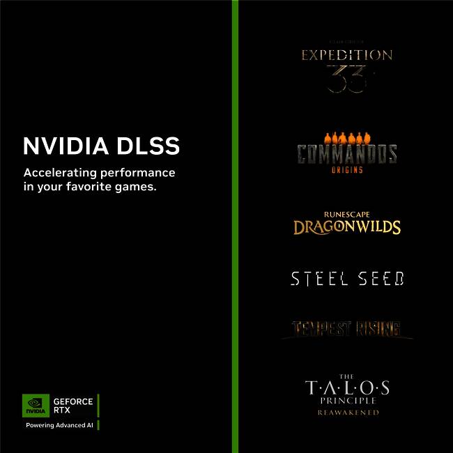 NVIDIA DLSS技术展示图，界面显示多个支持DLSS的游戏图标与性能对比数据