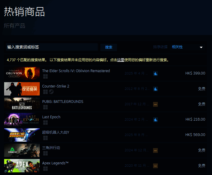 《上古卷轴4：湮没》重制版Steam销售榜单排名截图