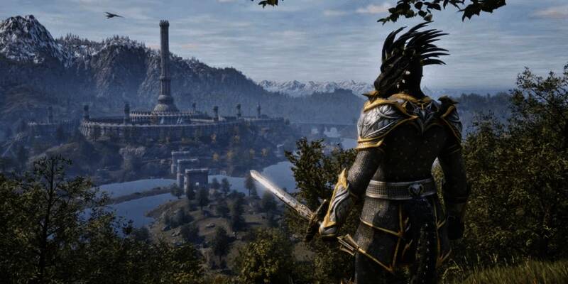 《上古卷轴4：湮灭 重制版》游戏画面展示，主角在废墟中持剑而立，背景为神秘魔法光芒