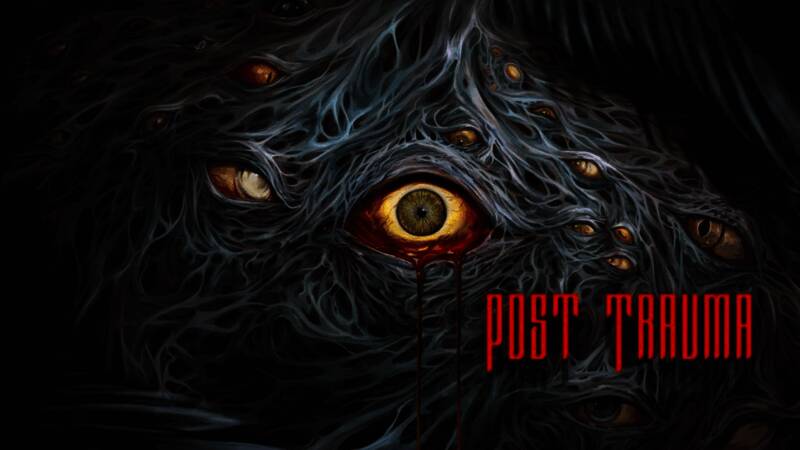 《Post Trauma》游戏封面展示阴森街道与扭曲建筑，营造强烈恐怖氛围