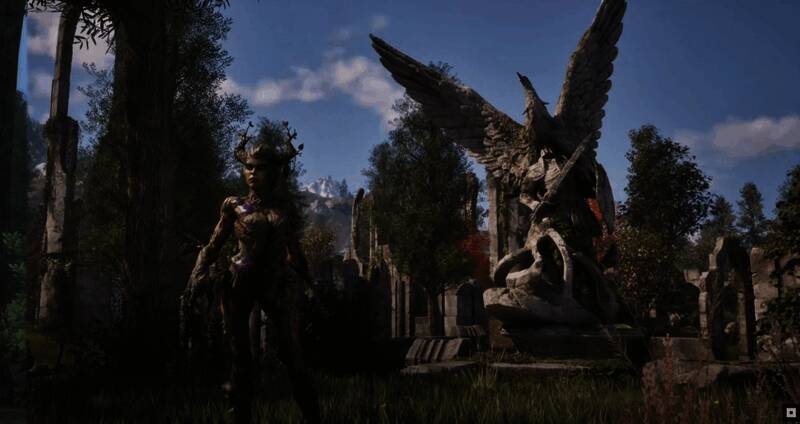 发布会现场画面，屏幕上展示《上古卷轴4：重制版》LOGO，台下观众神情专注