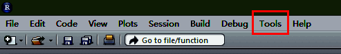 RStudio界面中高亮显示Tools菜单位置，鼠标指针正悬停其上