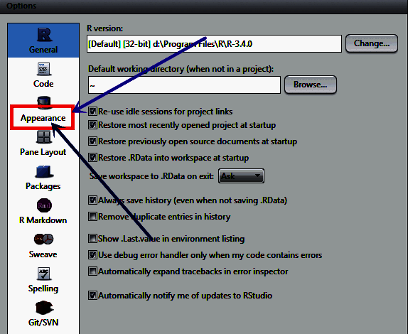 Appearance页面界面截图，左侧导航栏选中Appearance项