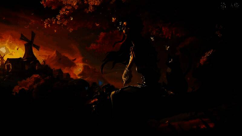 角色安静坐在老树枝干上，身旁依偎着三花猫，发间点缀野花，光影柔和如油画