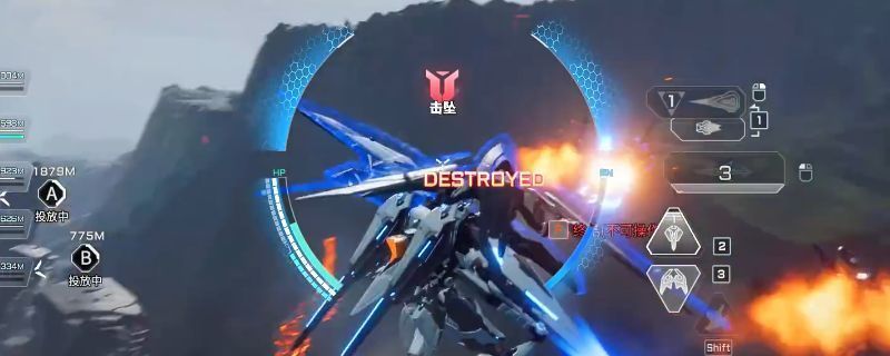 《解限机》玛什马克模式战斗画面，机甲在废墟中激烈交火，地面散落着发光的核心资源