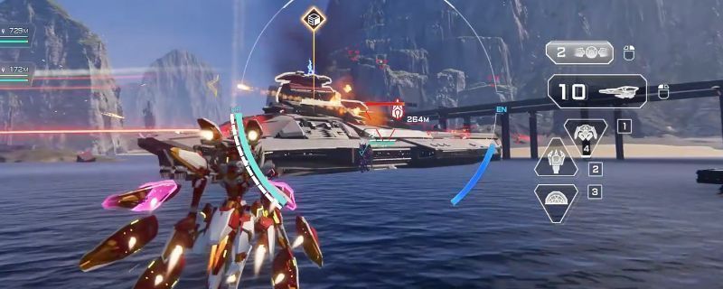 解限机玛什马克模式战斗截图，三台机甲围绕能量核心激烈交火，空中阿奎纳远程压制敌方单位