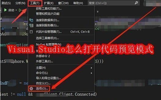 Visual Studio界面展示，工具菜单高亮显示选项入口位置