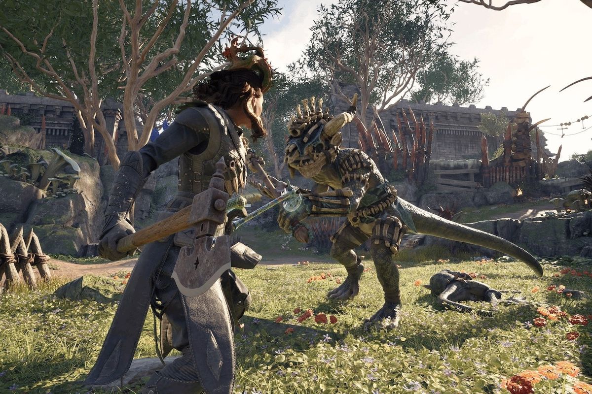 《宣誓》角色在野外探索的画面，远处山脉连绵，近处草木随风摇曳，环境细节丰富