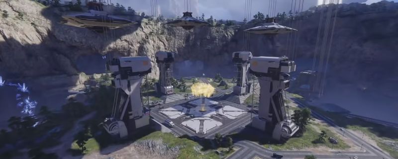 《解限机》克拉奥布天坑地图实机画面，三处数据节点分布清晰，机甲在峡谷与岩壁间激烈交火