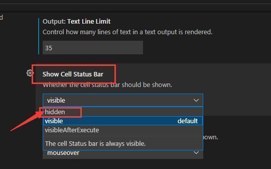 Show cell status bar设置项截图，显示下拉菜单已选择Visible选项