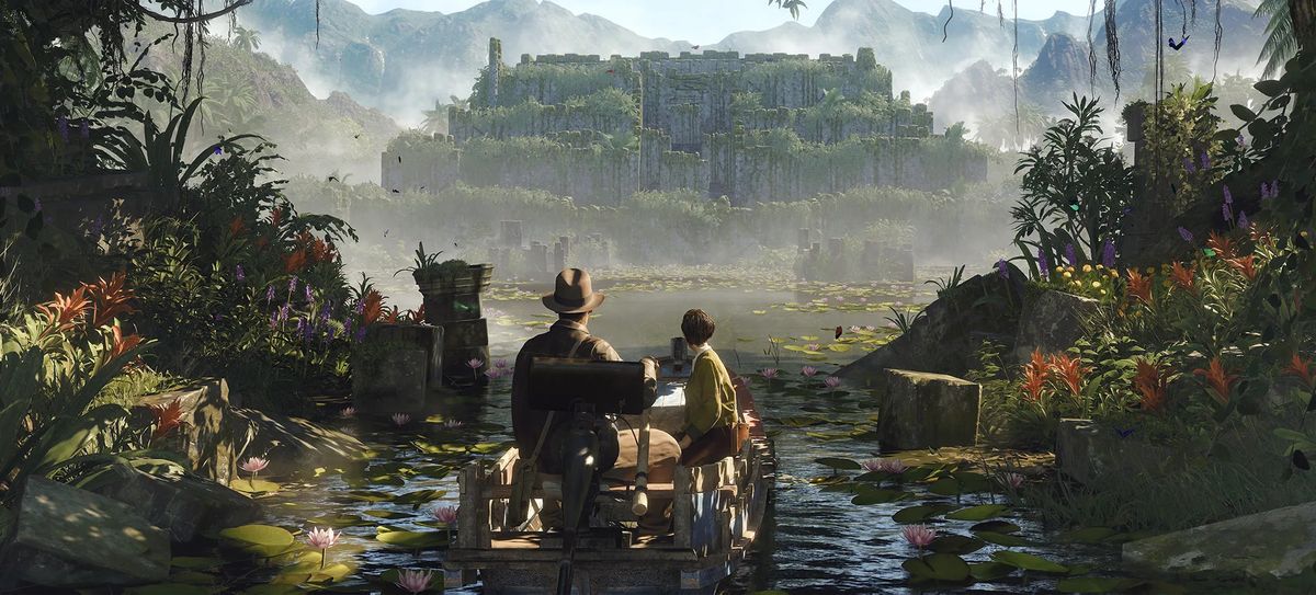 《夺宝奇兵：古老之圈》游戏封面图，印第安纳·琼斯手持长鞭站在神秘遗迹前