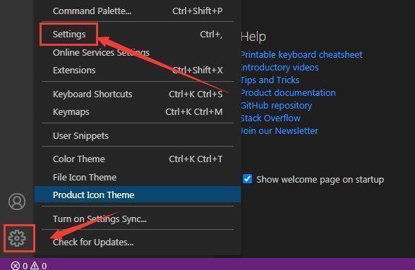 设置界面截图，箭头指向左下角齿轮图标，提示用户点击进入settings