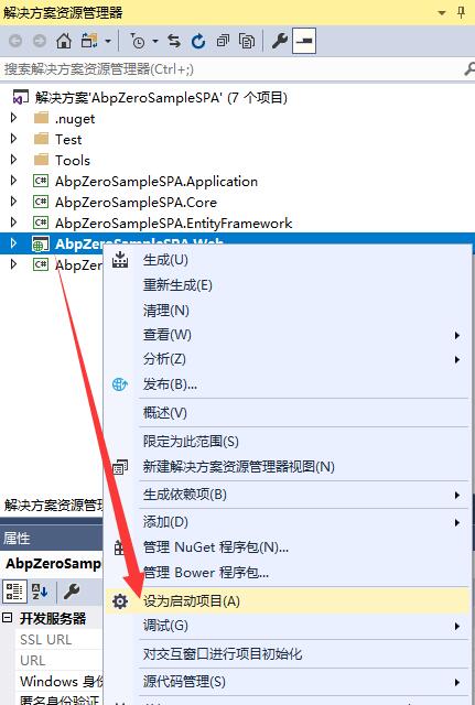 Visual Studio中右键菜单显示设为启动项目的操作界面截图，清晰展示如何指定运行入口