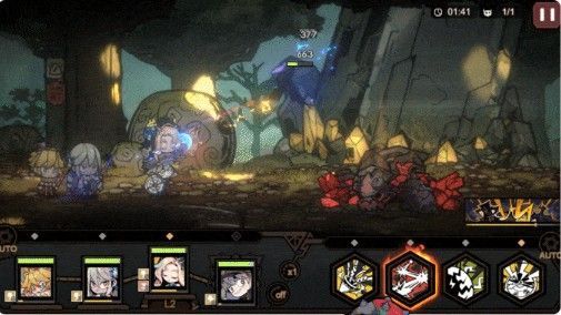 四人队伍战斗场景截图，法尔纳站在前方释放技能，米娅在后排高频攻击，队友状态栏显示攻速提升效果