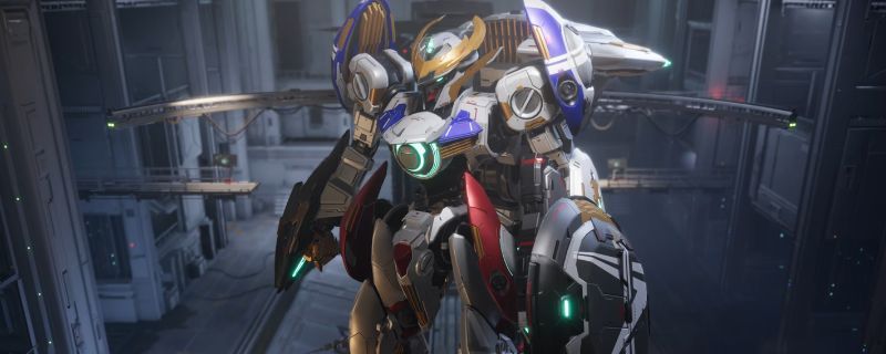 白虹机甲装备巴巴托斯狼王涂装实机截图，红蓝光效在暗色机体上格外醒目，狼形徽记清晰可见