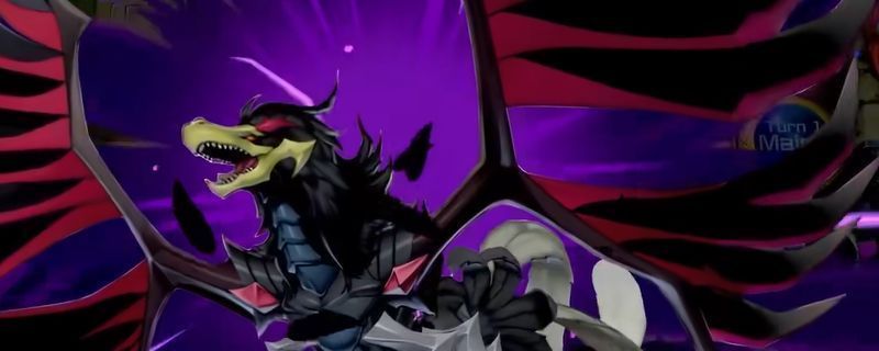 《游戏王MD》中黑羽卡组对战画面，场上出现黑羽-装甲之翼，羽翼特效环绕，背景为风暴夜战场