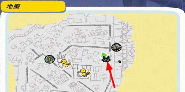 猫咪站在城市街角，前方是一台贴着小贴纸的ATM机，背景有绿植和阳光洒落