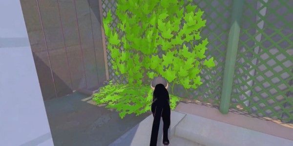 猫咪趴在墙角认真舔爪，眼神却偷偷瞄向玩家角色，画面温馨又带点调皮感