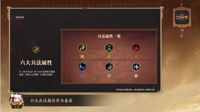 《三国杀正面对决》卡牌展示图，六种颜色代表不同兵法属性，中央为标志性武将剪影