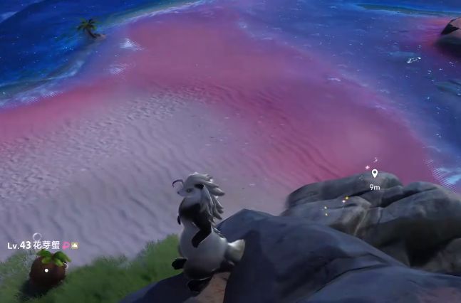 夜晚海滩边一群粉色羞羞獭围坐嬉戏，远处波光粼粼，氛围梦幻治愈