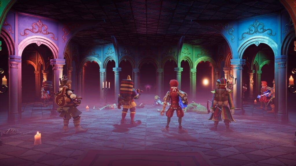 《为了吾王2》主机版宣传图，四位角色围坐桌旁掷骰子，背景是战火纷飞的法赫鲁尔王国