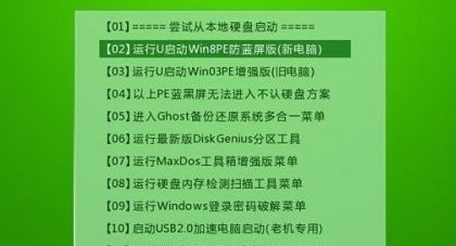 U启动PE主菜单界面，黄色箭头指向02选项文字说明
