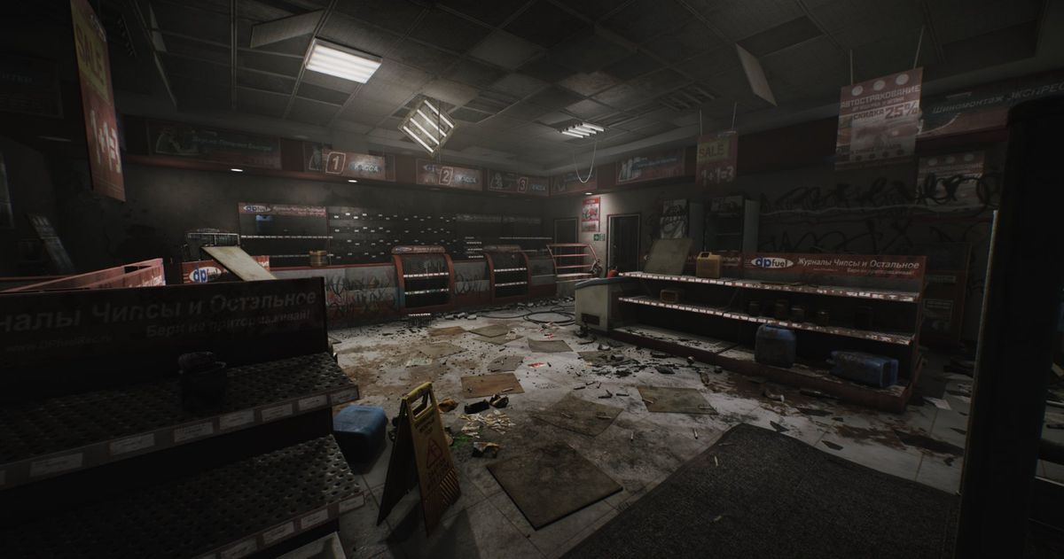 重制后的加油站区域，建筑结构清晰，光影效果逼真，地面杂物有序排列