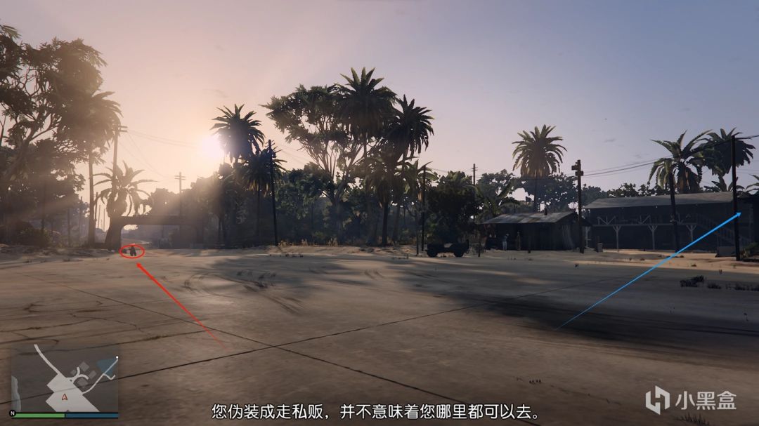 GTAOL地图标注图，红蓝箭头分别指向两个摩托刷新点，清晰标注位置关系