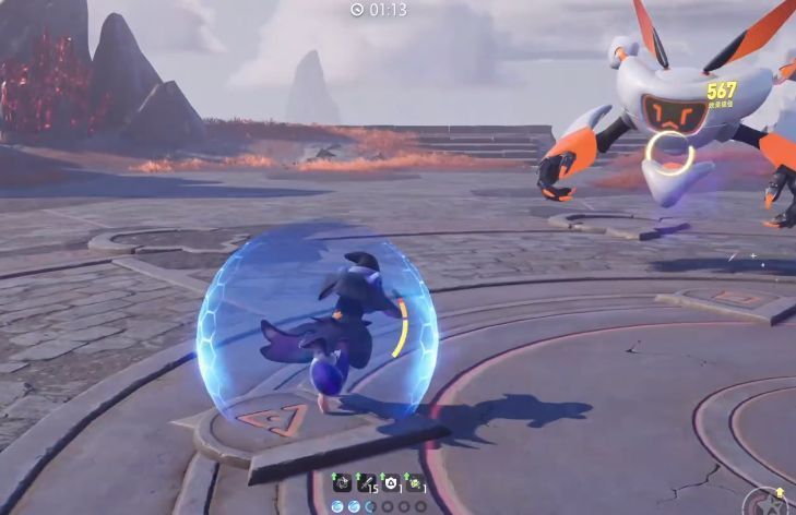 巨型机器人跃起瞬间玩家角色同步跳跃躲避冲击波，画面充满动态张力与光影特效