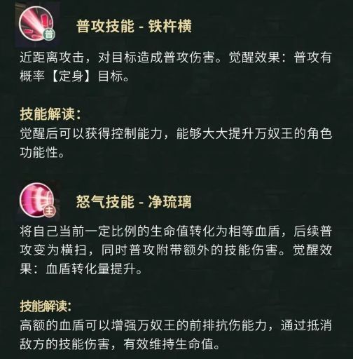 技能图标展示，包含万奴王的主动技能与被动减伤特效界面