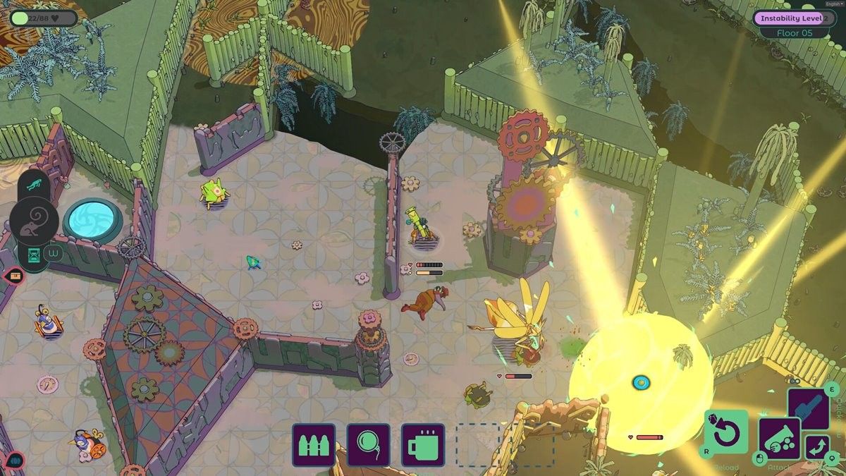 角色站在充满霓虹光效的地牢中，界面显示多种技能图标自由组合