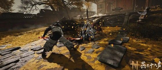 嗟夫刀法战斗特效细节图，刀光与墨色交织，背景山影若隐若现，充满诗意与力量感