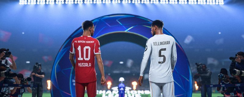 EA SPORTS FC 26游戏封面图，展示球员奔跑中的动态画面，背景为灯光璀璨的球场