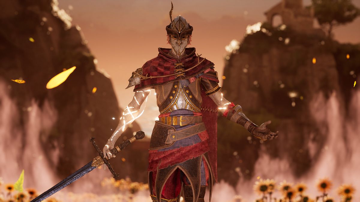 《艾诺提亚：失落之歌》游戏封面图，展示主角手持面具与长剑，背景是充满神秘感的意大利式建筑群