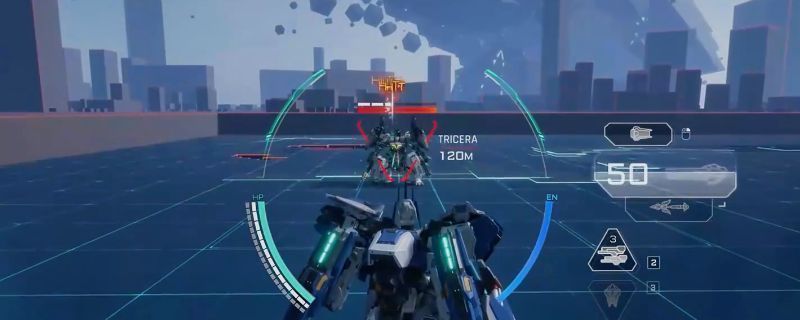 《解限机》中龙渊机甲手持能量机炮激烈开火的画面，电浆弹轨迹清晰，背景为未来战场废墟