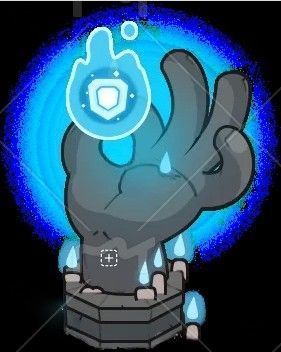 神盾塔特写镜头，展现其精致建模与环绕的蓝色能量光效，背景为迷雾大陆标志性地貌