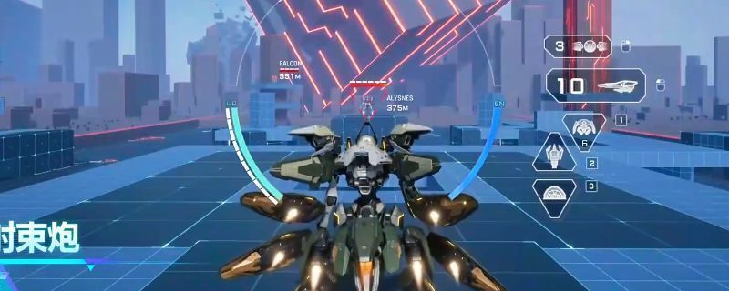 鸣神机甲在战场上释放电浆射束的瞬间，蓝色能量光效耀眼夺目，周围敌人被冲击波震飞