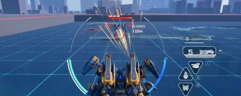 《解限机》地狱火机甲战斗画面，机体全身泛着红黑光芒，主武器正在发射密集电浆射束攻击远处敌人