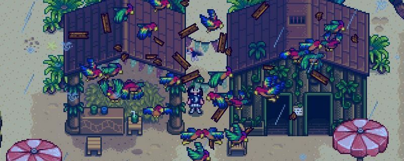 星露谷物语中玩家手持放大镜站在灌木丛前，背景是夜晚的巴士站，氛围神秘