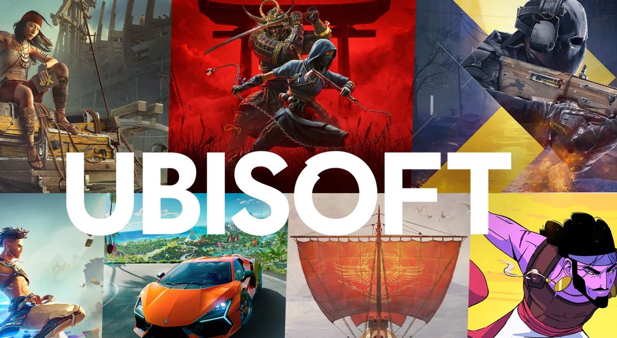 育碧公司总部外观图，建筑现代感十足，门前有标志性游戏角色雕像